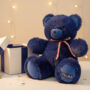 Ours en peluche bleu royal Mailou avec ruban tricolore et coffret cadeau sur fond beige avec lumières dorées