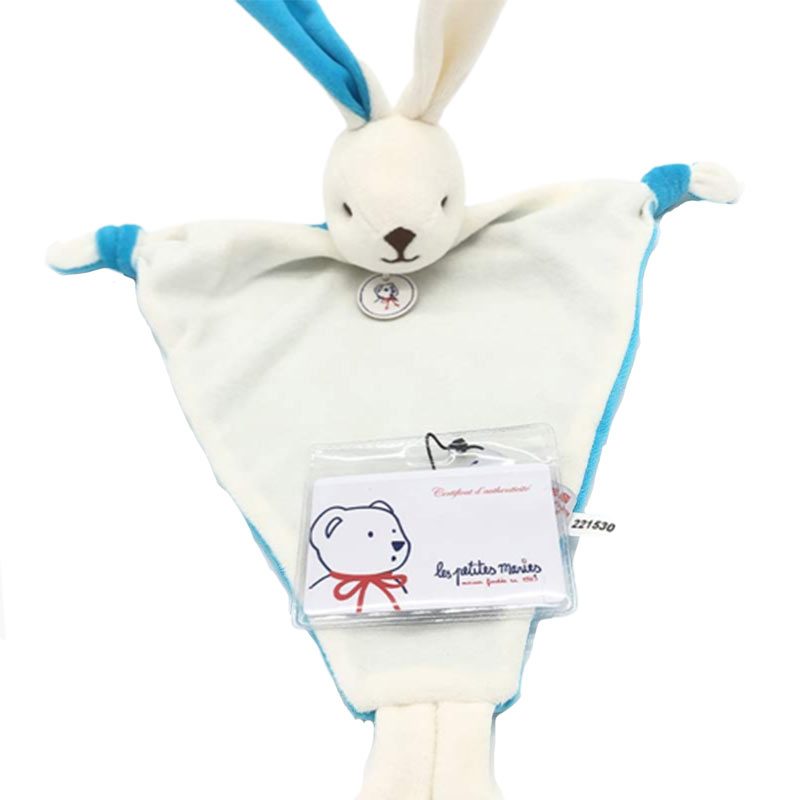 Doudou lapin bleu et crème, fabriqué en France Les Petites Maries, doudou bébé